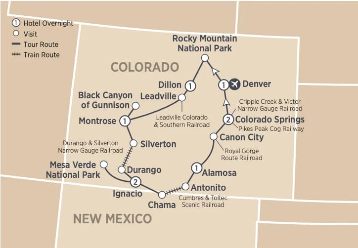 Colorado's Historic Trains route map showing Denver, Rocky Mountain National Park, Dillon, Leadville, Montrose, Durango, Silverton, Ignacio, Mesa Verde, Chama, Antonito, Alamosa, Canon City, Colorado Springs, and all six rail excursion routes
