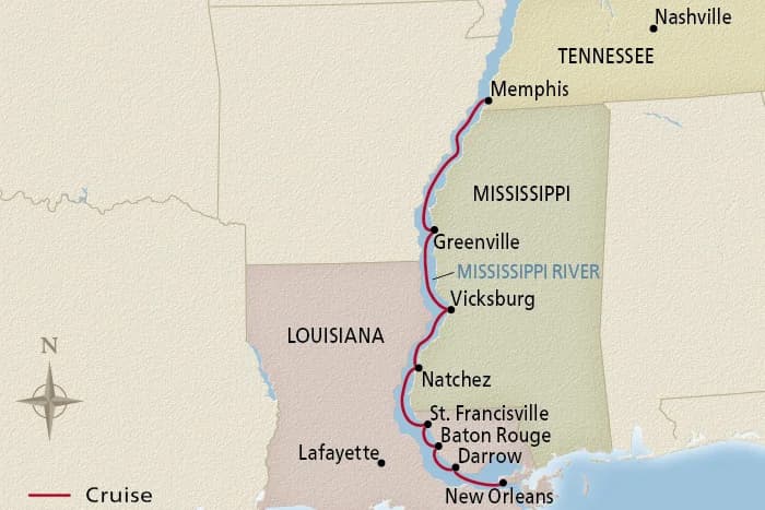 Map of the Mississippi River cruise route from Memphis to New Orleans, with stops in Mississippi and Louisiana