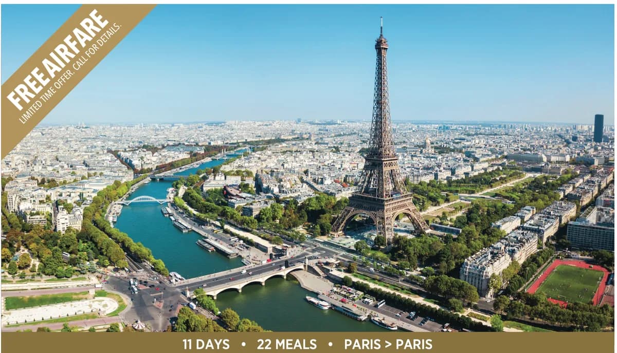 Aerial view of Paris with the Eiffel Tower and the Seine River
