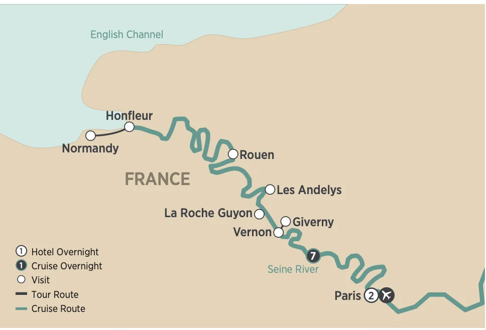 Seine River cruise route map showing Paris, Vernon, Giverny, La Roche-Guyon, Les Andelys, Rouen, Honfleur, and Normandy
